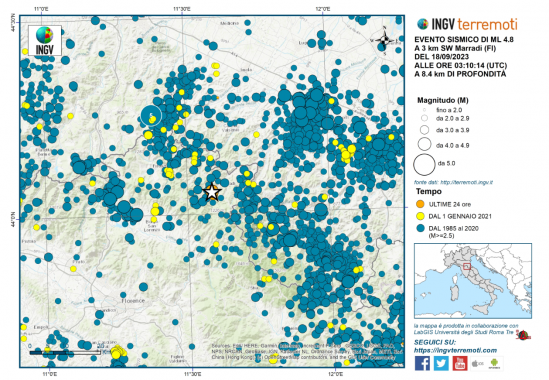 L'evento sismico in provincia di Firenze (Fonte: Ingv)