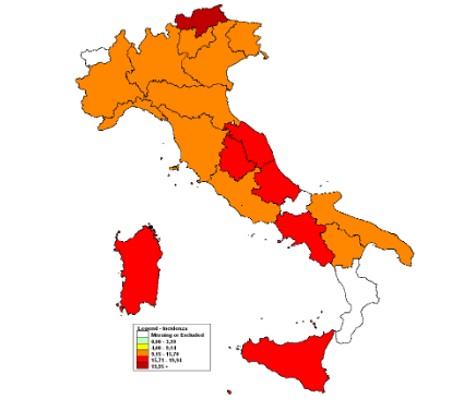 La mappa a colori del contagio da influenza (Fonte: Rapporto Respivirnet)