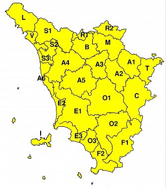 La mappa dell'allerta della Regione Toscana