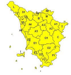 La mappa dell'allerta della Regione Toscana