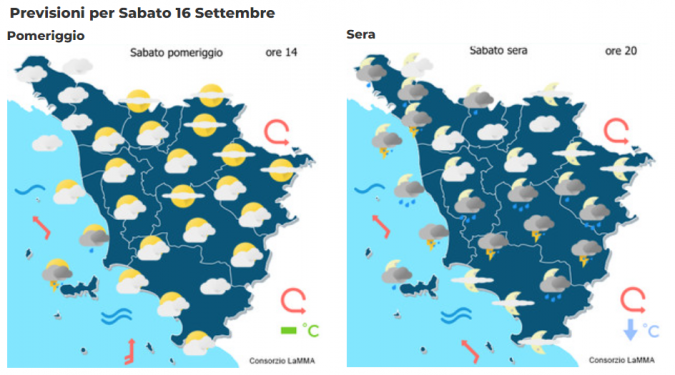 La mappa meteo del Consorzio Lamma per sabato 16 Settembre