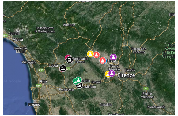 Punti di prelievo dei campioni lungo i vari distretti oggetto d’indagine (tessile, conciario, cuoio, cartario e florovivaistico)